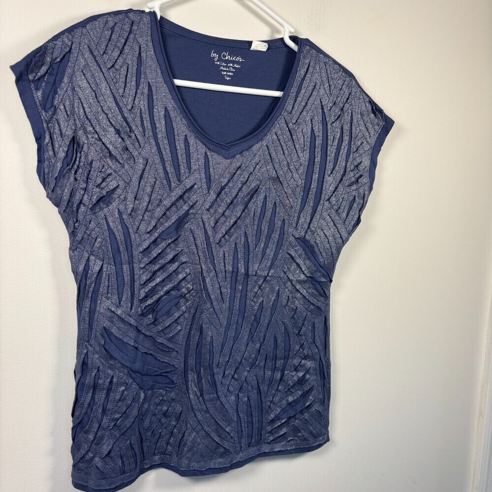CHICO'S Pre-Wrinkled Cotton Modal Short Sleeve Top Womens S Blue Stretch
